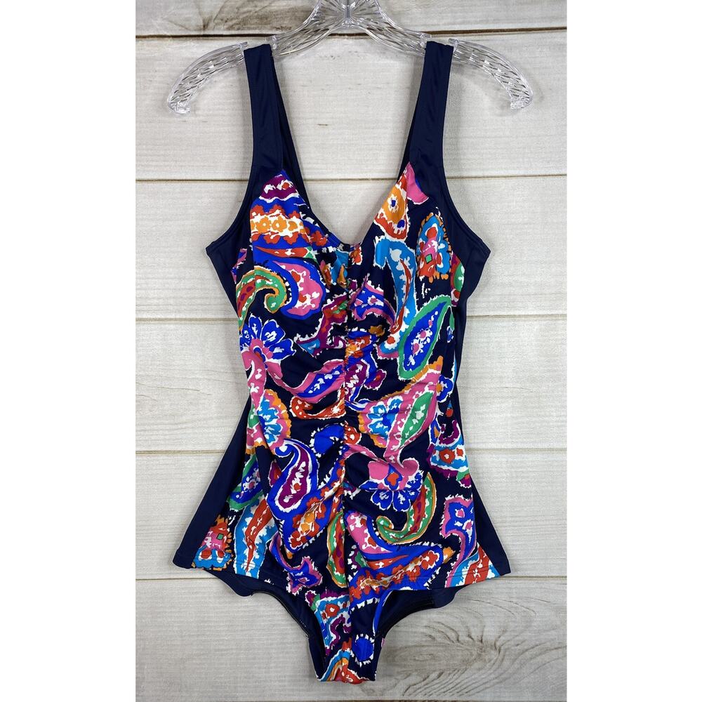 Gabar Swimsuit Womens Sz 16W Colorful Multicolor Paisley Print Ruched One Piece